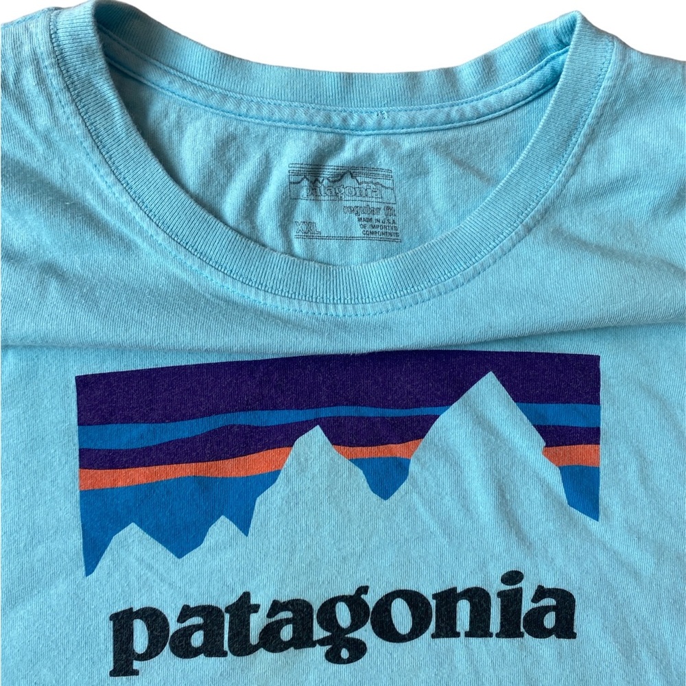 Patagonia Light Blue Graphic Logo Tee with Navy and Orange Accents - Picture 2 of 3